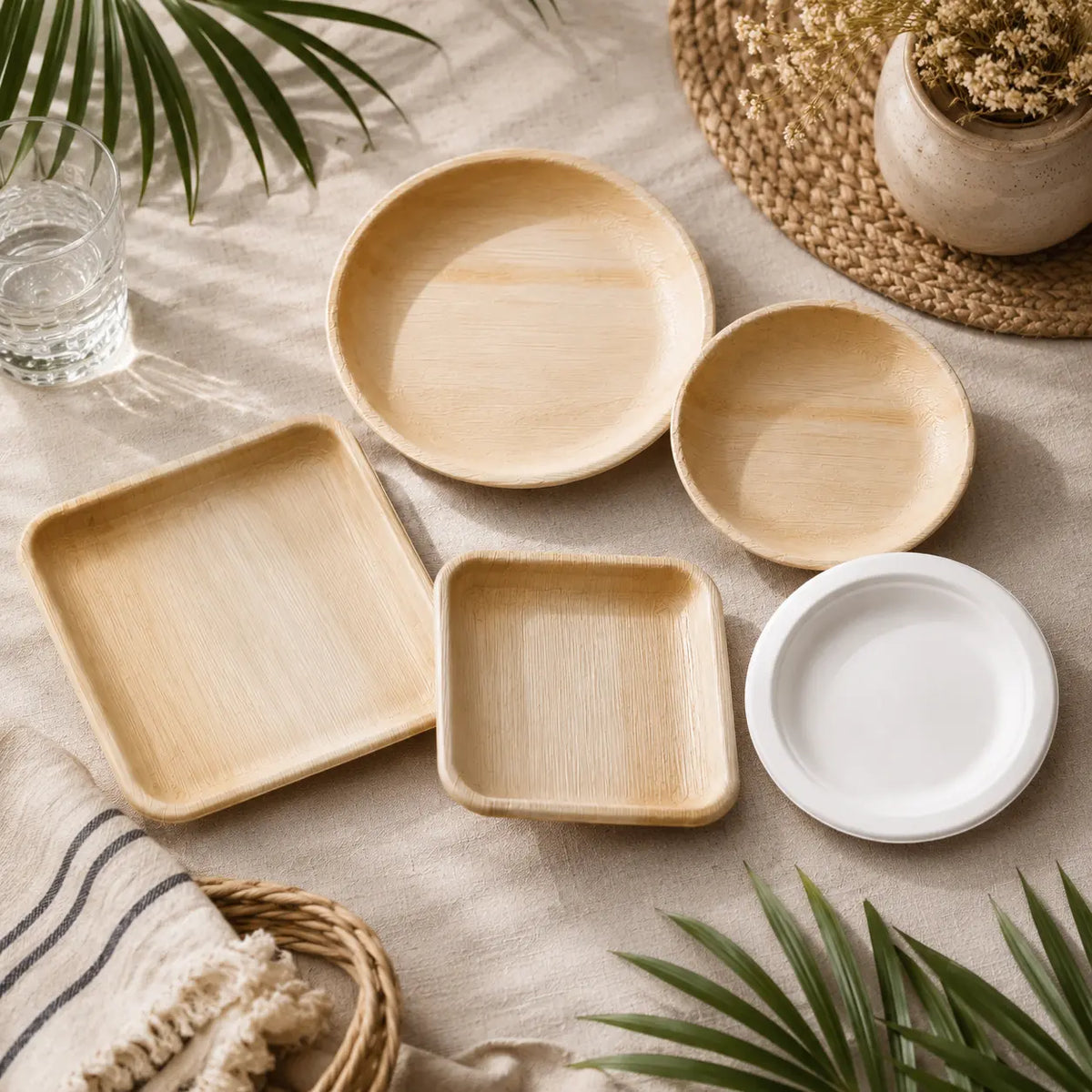Eco friendly Areca palm leaf and bagasse disposable tableware for catering
