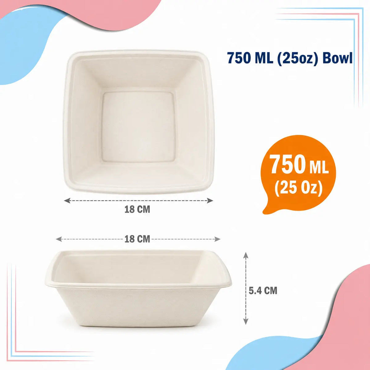 Milieuvriendelijke 750 ml (25 oz) Vierkante Bagasse Kom – 18 × 18 x 5,4 cm