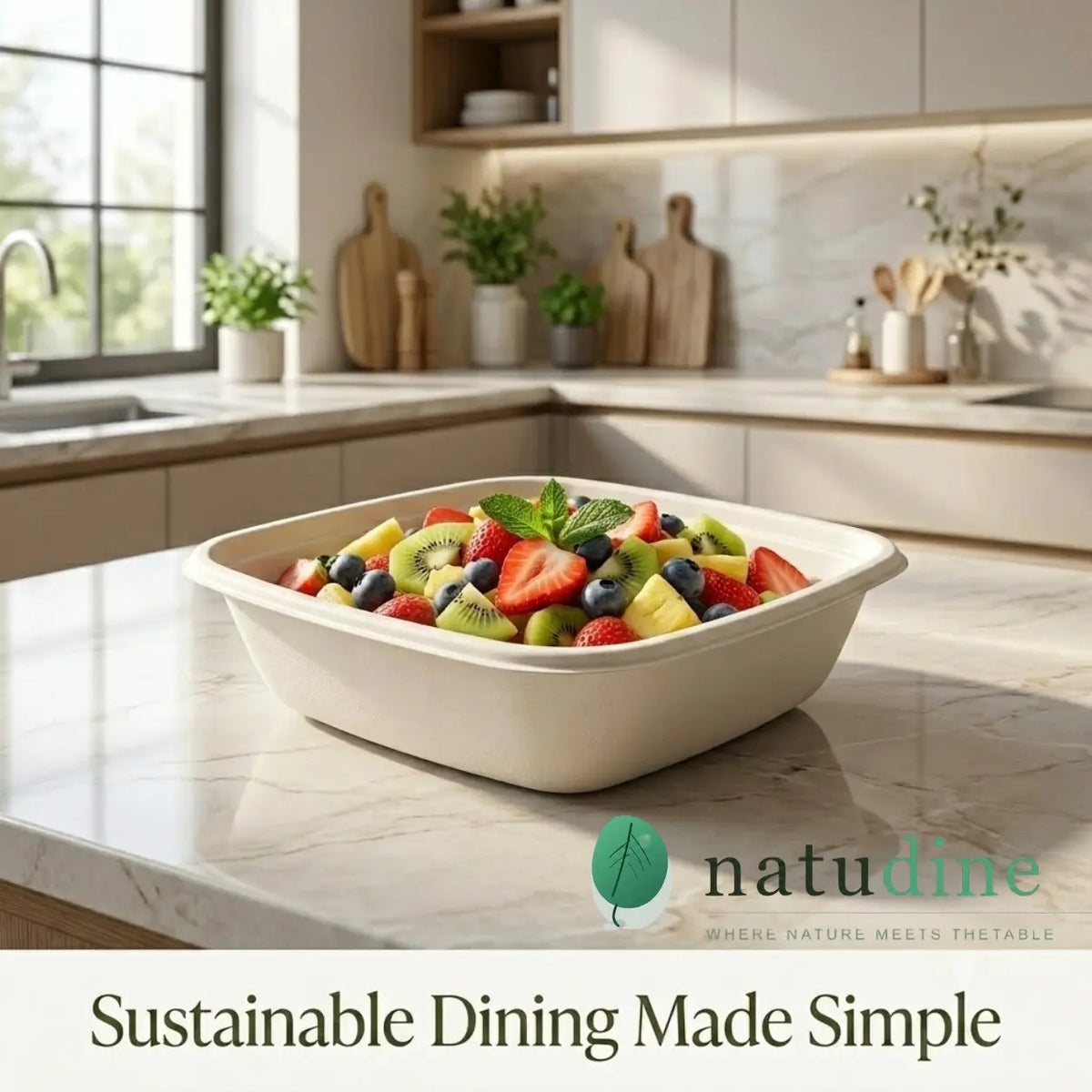 Milieuvriendelijke 750 ml (25 oz) Vierkante Bagasse Kom – 18 × 18 x 5,4 cm