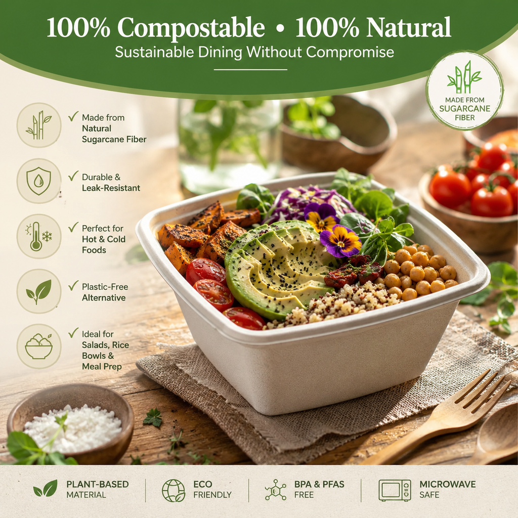 Milieuvriendelijke 500 ml (18 oz) Vierkante Bagasse Kom – 13 × 13 × 6,8 cm