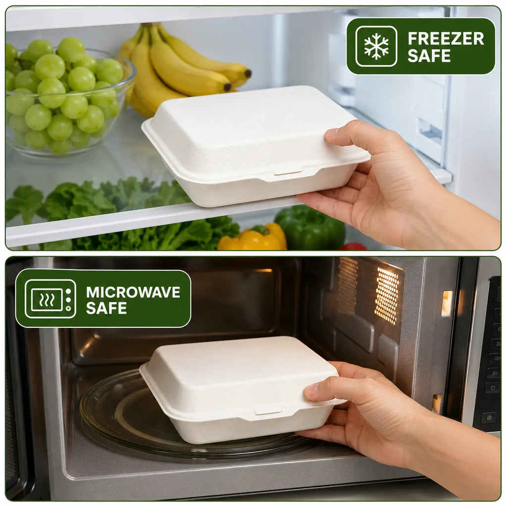 Eco Friendly 1-Compartment Rectangular Bagasse Clamshell Container – 23 × 15.3 × 8 cm