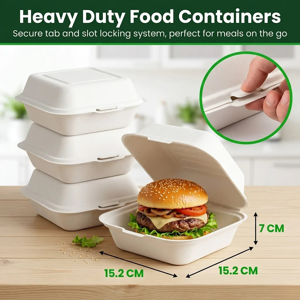 Milieuvriendelijke Vierkante Bagasse Clamshell Bak met 1 Vak – 15 × 15 × 7 cm