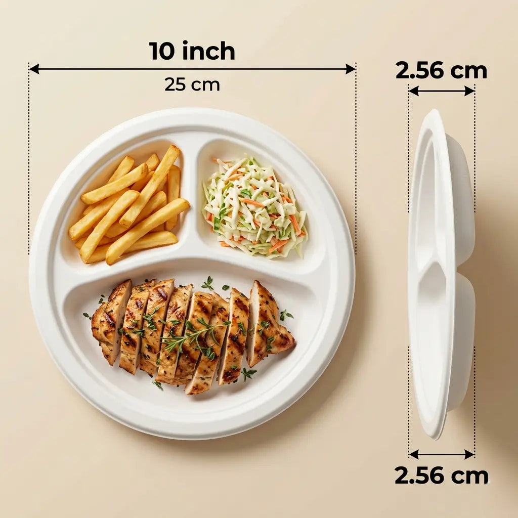 Milieuvriendelijk Rond Bagasse Bord met 3 Vakken – 25 cm