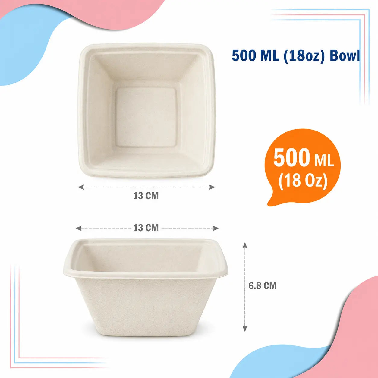 Milieuvriendelijke 500 ml (18 oz) Vierkante Bagasse Kom – 13 × 13 × 6,8 cm
