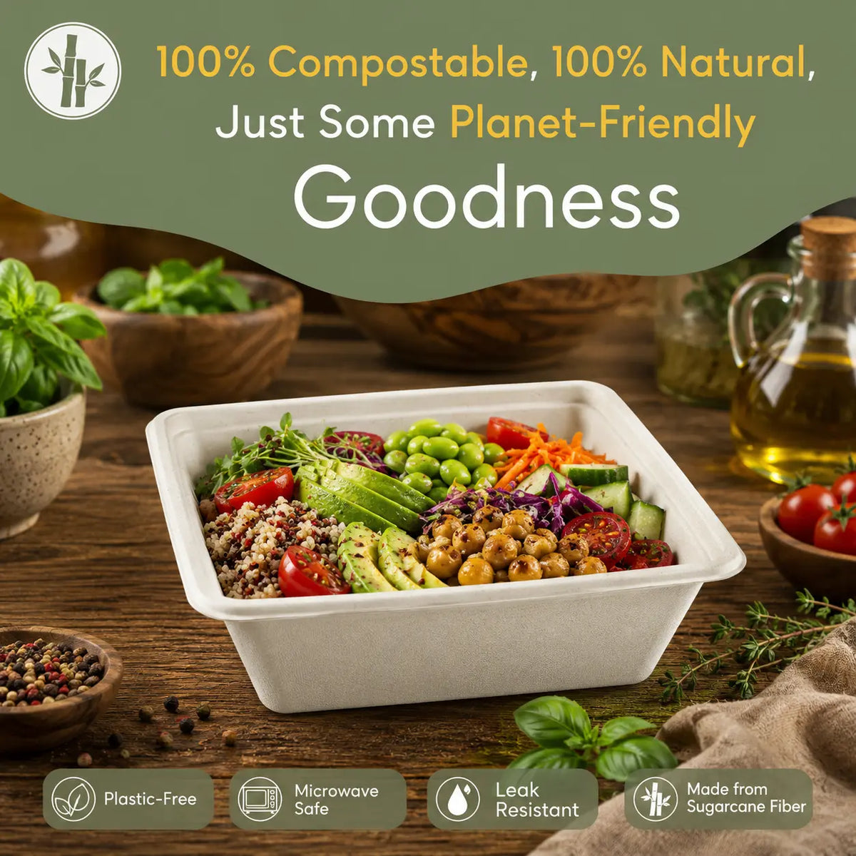 Milieuvriendelijke 750 ml (25 oz) Vierkante Bagasse Kom – 18 × 18 x 5,4 cm