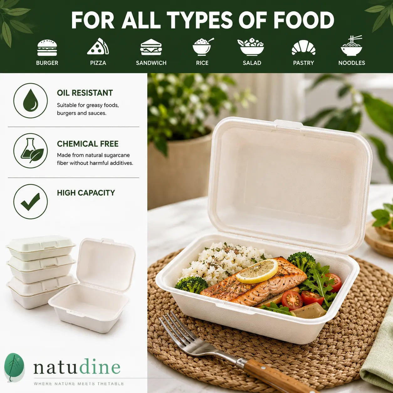 Eco Friendly 1-Compartment Rectangular Bagasse Clamshell Container – 23 × 15.3 × 8 cm