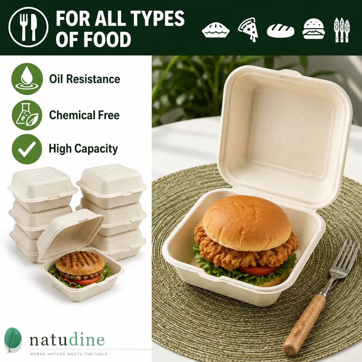 Milieuvriendelijke Vierkante Bagasse Clamshell Bak met 1 Vak – 15 × 15 × 7 cm