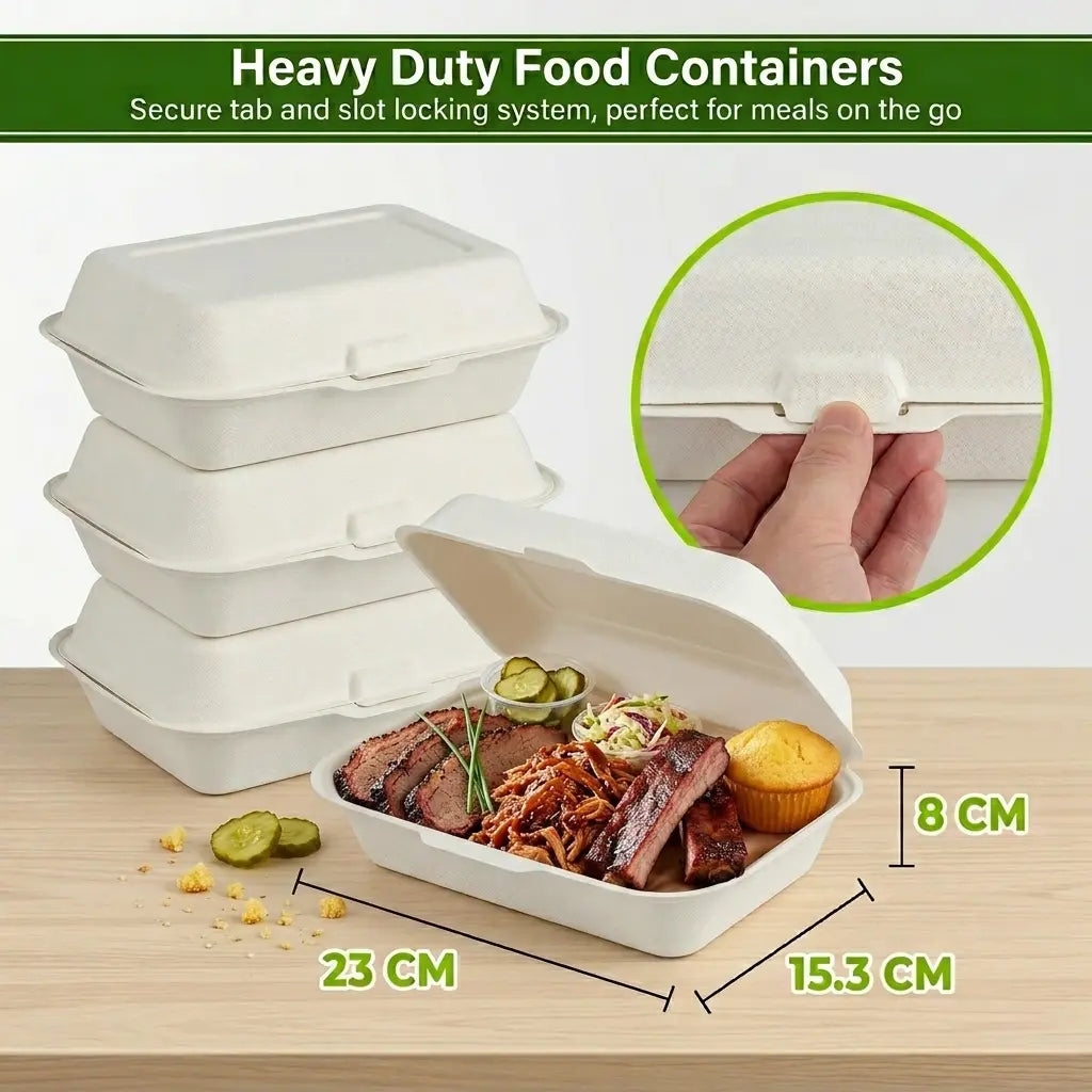 Eco Friendly 1-Compartment Rectangular Bagasse Clamshell Container – 23 × 15.3 × 8 cm