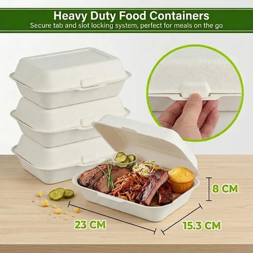 Milieuvriendelijke Rechthoekige Bagasse Clamshell Bak met 1 Vak – 23 × 15,3 × 8 cm