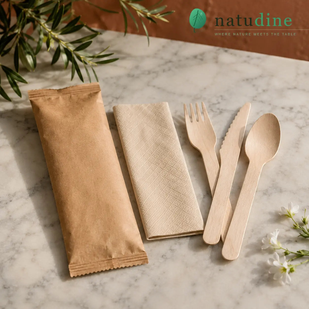 Eco-Friendly Disposable Individually Wrapped Wooden Cutlery Set with Beige Napkin – Knife (16.5 cm), Fork & Spoon (16 cm) & Napkin (33x33 cm) in Kraft Paper Pouch