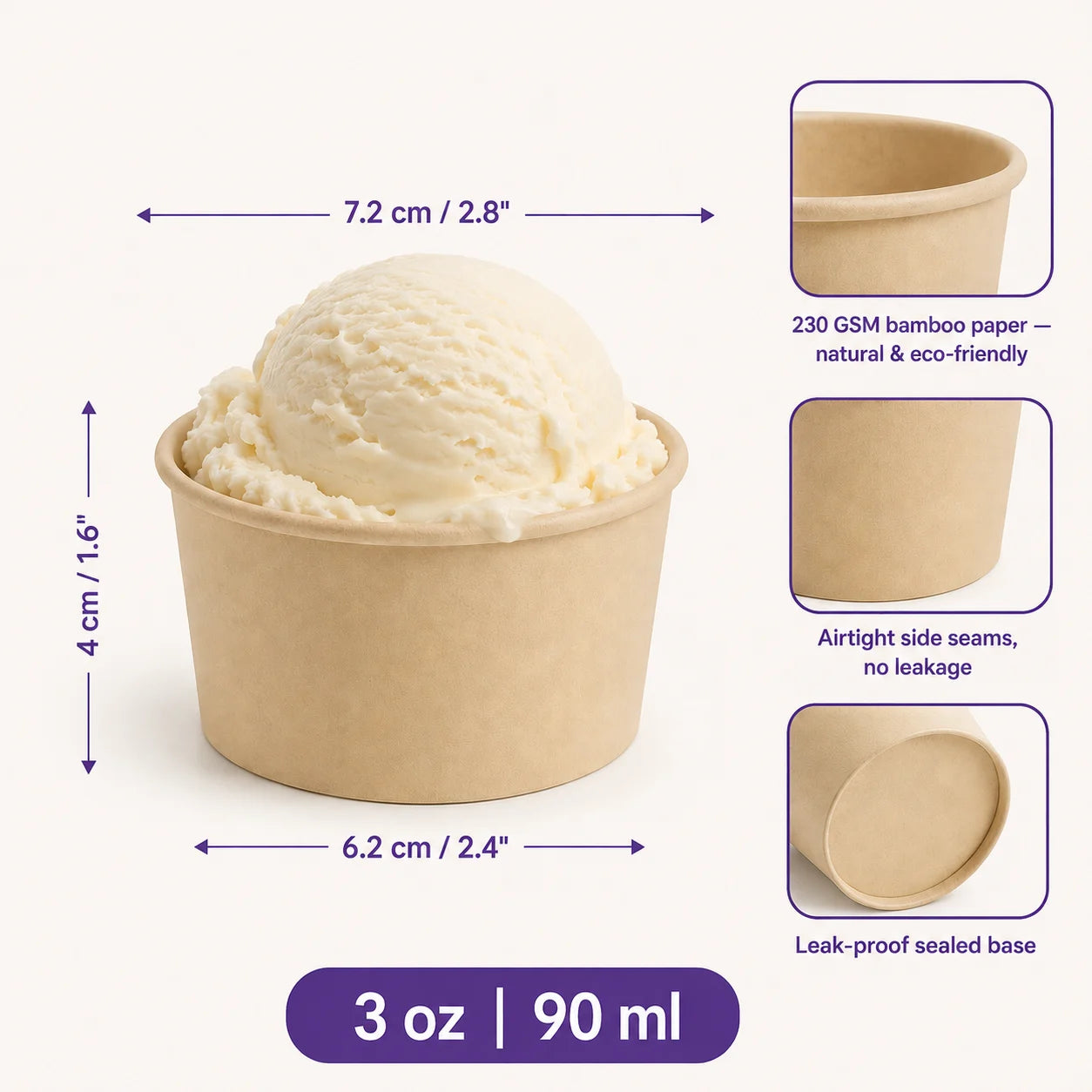 Eco-Friendly 3 oz Disposable Bamboo Paper Ice Cream Cup – 90 ml | 7.2 x 6.2 x 4 cm