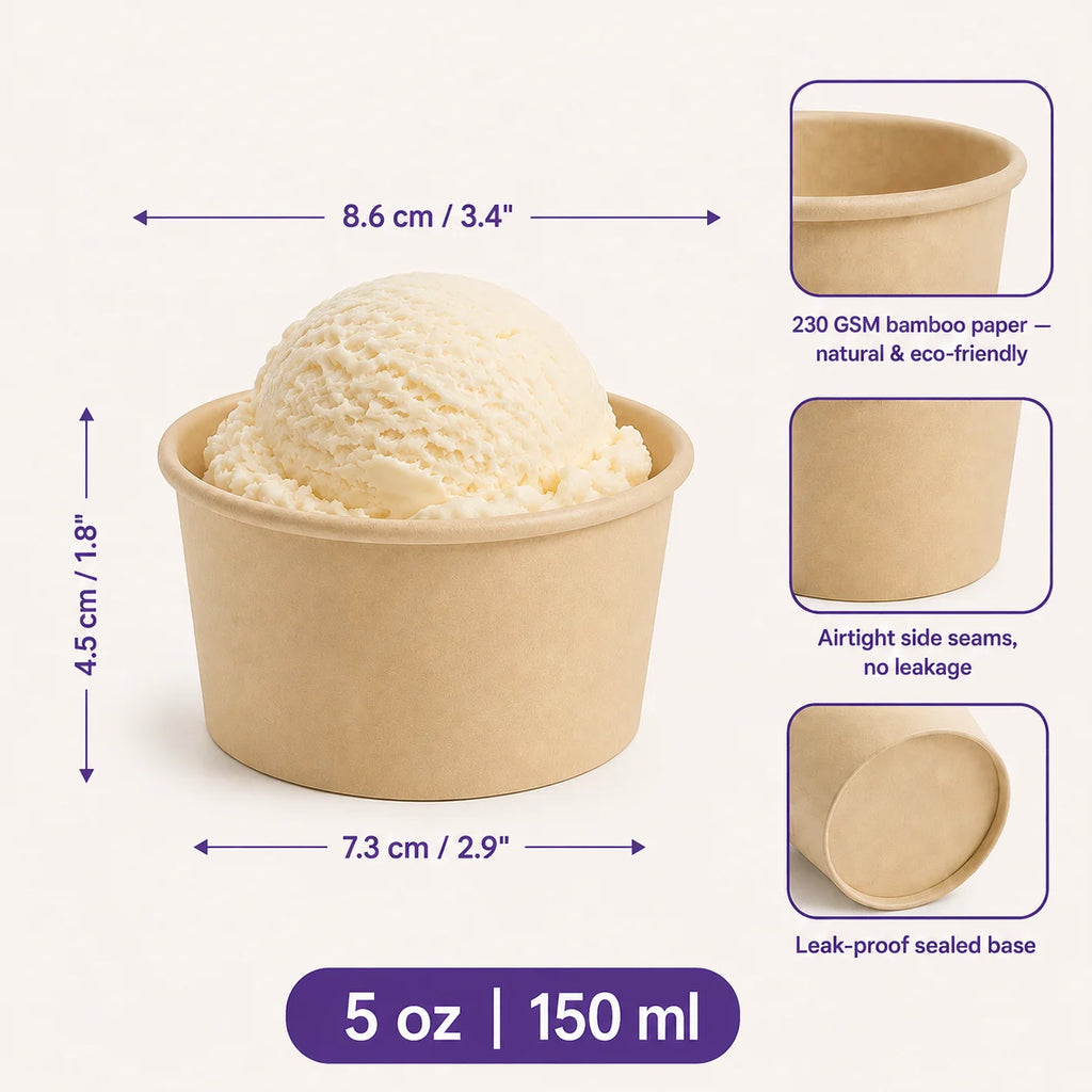 Milieuvriendelijke 5 oz Wegwerp Bamboe Papieren IJsbeker – 150 ml | 8,6 x 7,3 x 4,5 cm