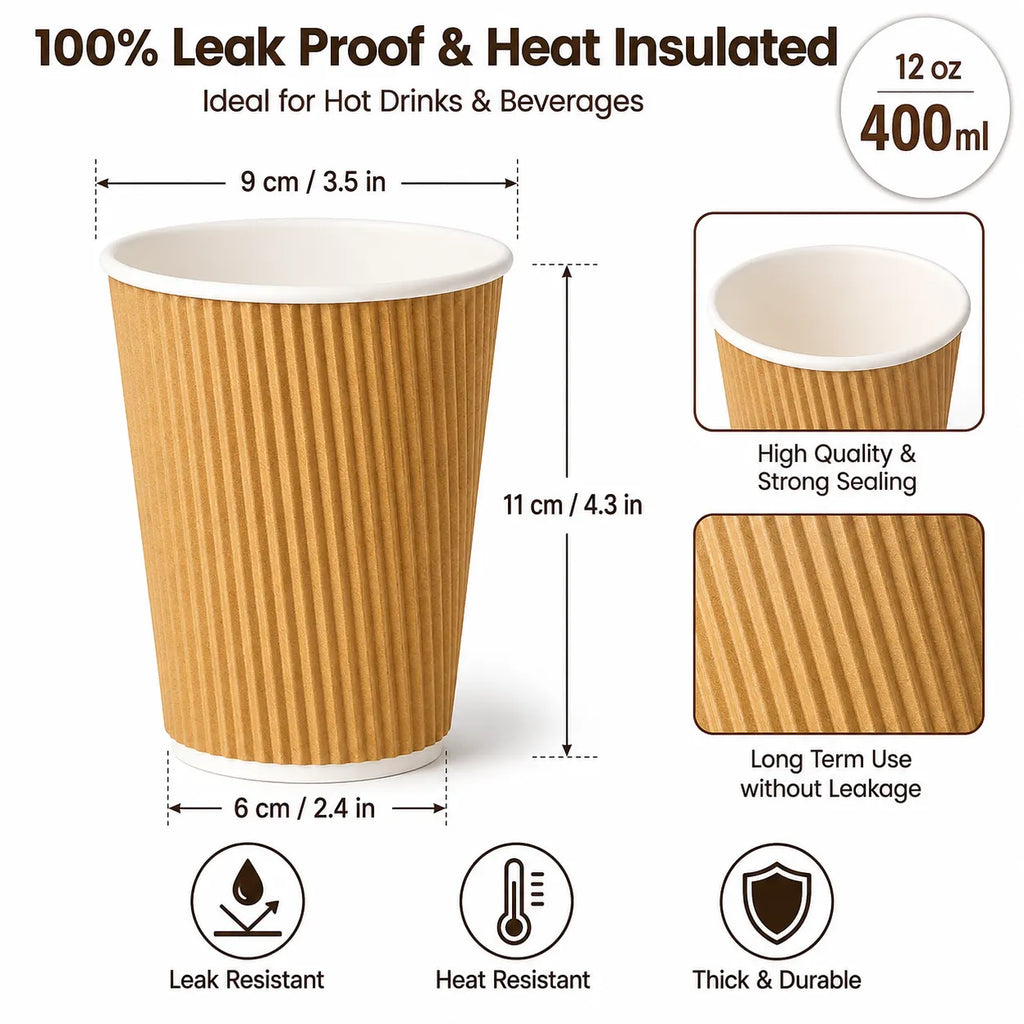 Milieuvriendelijke 12 oz Wegwerp Bruine Ripple Wall Kraft Warme en Koude Drankbeker – 400 ml