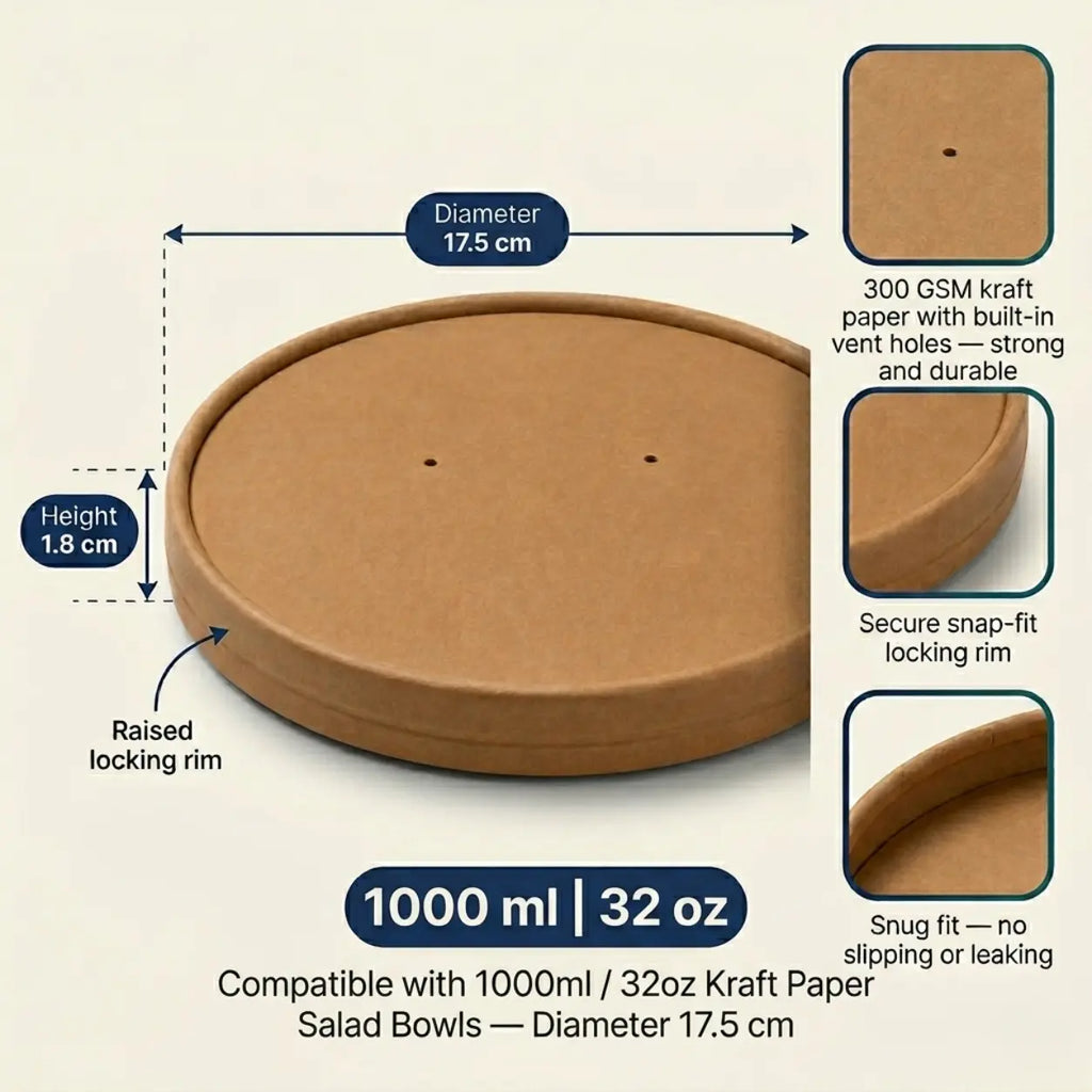 Milieuvriendelijk Wegwerp Bruin Kraftpapieren Deksel voor Saladekom - 17,5cm Diameter | Past op 1000 ml / 32oz