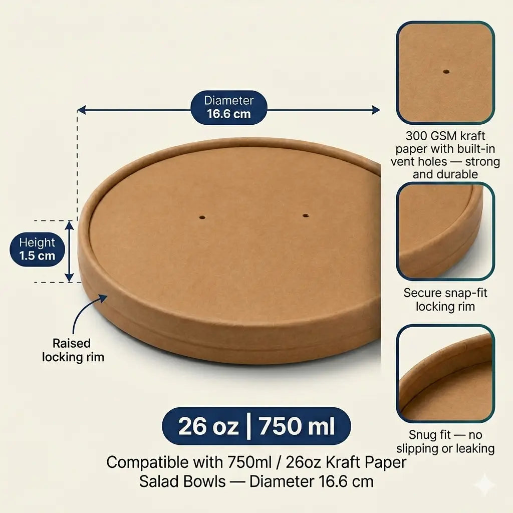 Milieuvriendelijk Wegwerp Bruin Kraftpapieren Deksel voor Saladekom - 16,6 cm Diameter | Past op 750ml / 26oz