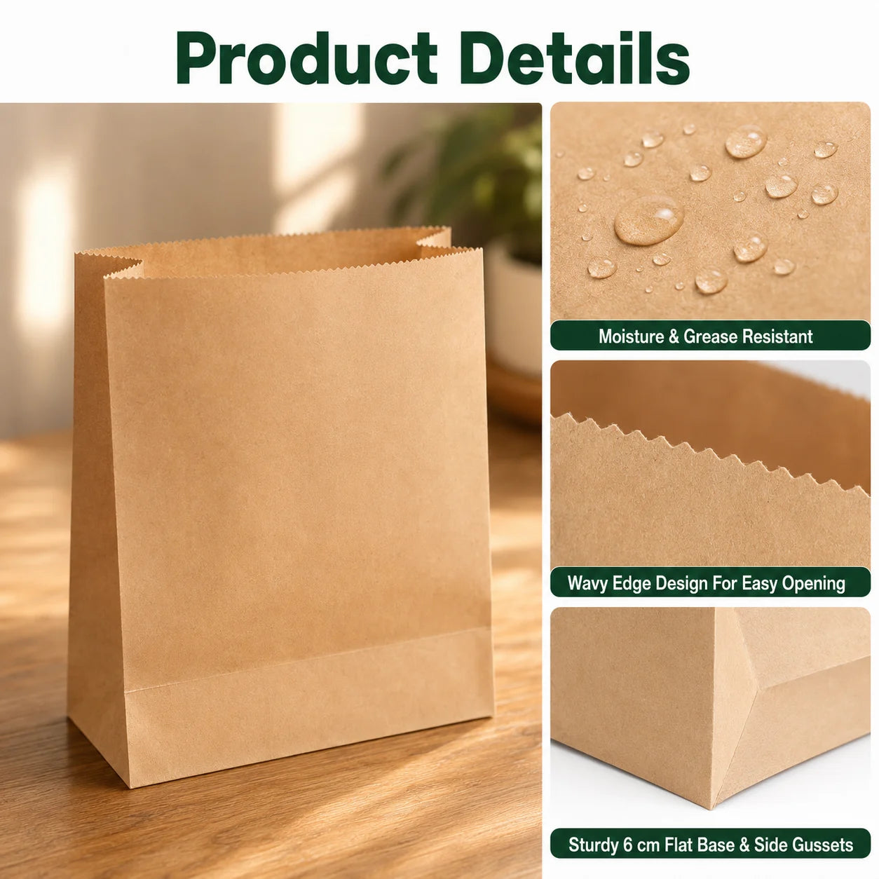 Eco-Friendly Disposable Brown Kraft Paper Open Top Flat Bag – 15 x 16 x 6 cm