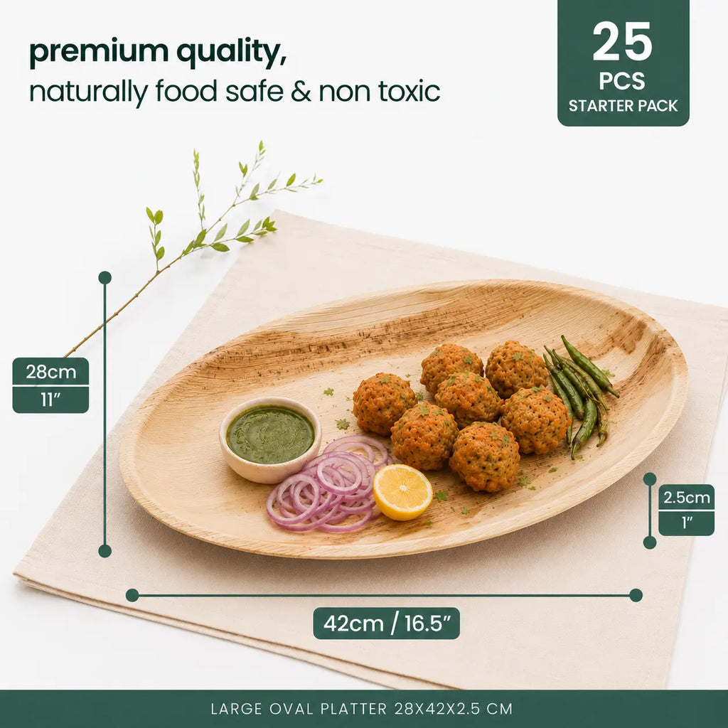 Organic Palm Leaf Oval Platter - 28 x 42 x 2.5 cm (Large)