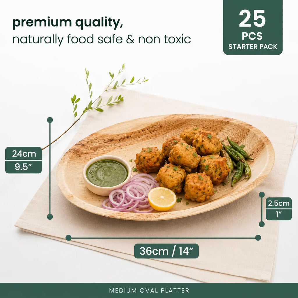 Organic Palm Leaf Oval Platter - 24 x 36 x 2.5 cm (Medium)