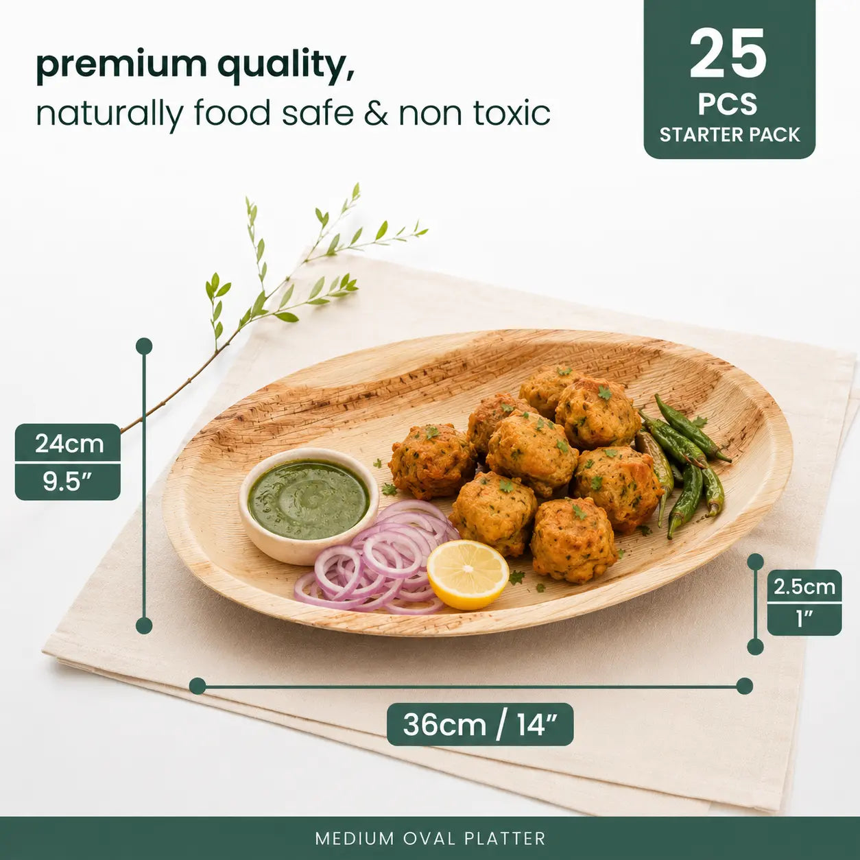 Organic Palm Leaf Oval Platter - 24 x 36 x 2.5 cm (Medium)