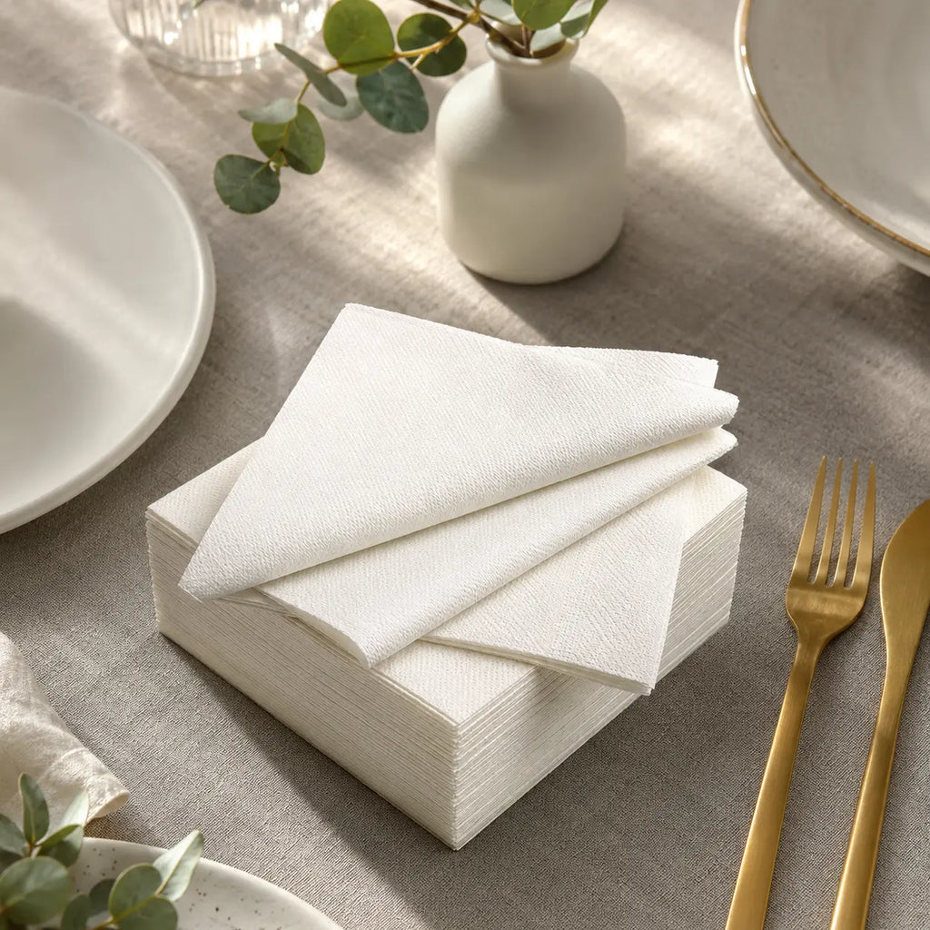 Milieuvriendelijk Wegwerp Wit Zuiver Houtpulp Dinerservet – 40x40cm | 2-laags, 1/4 Gevouwen