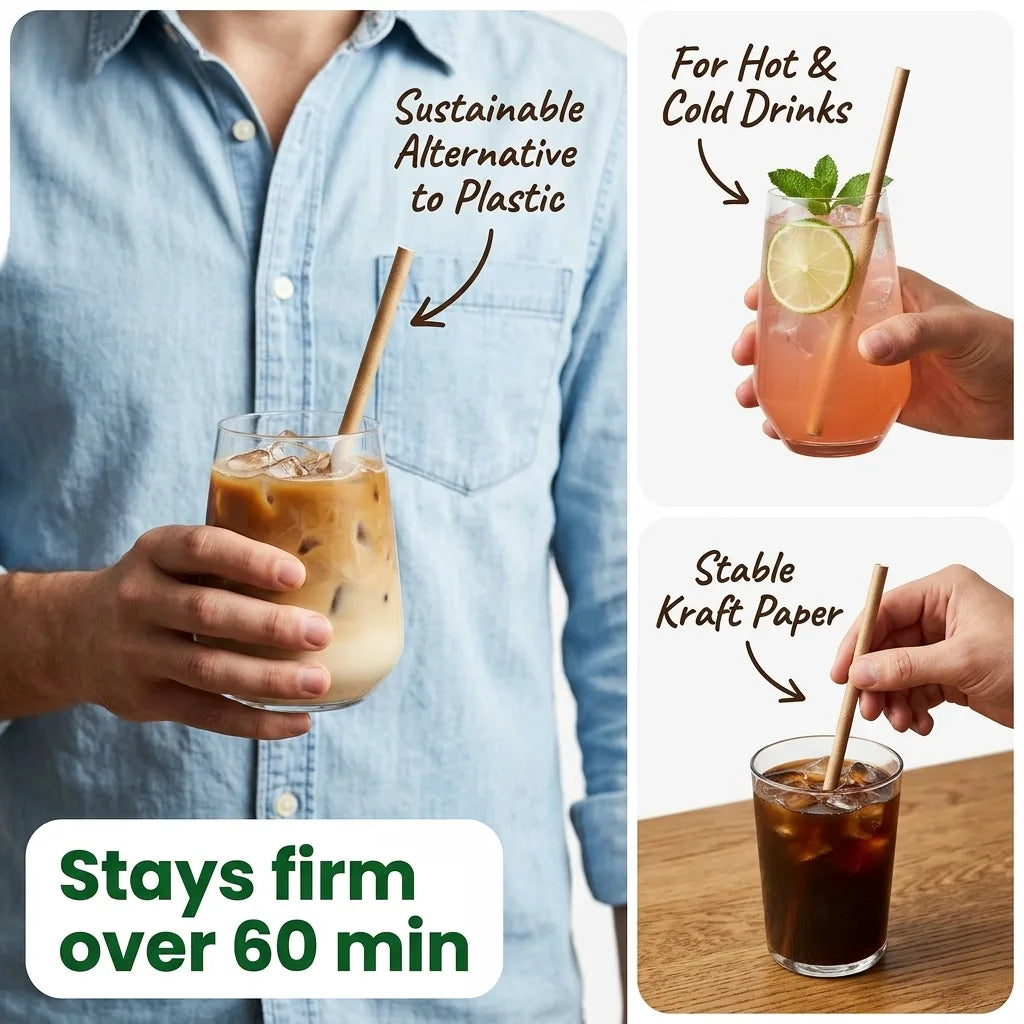 Eco-Friendly Disposable Individually Wrapped Brown Kraft Paper Drinking Straws – Ø 0.8 cm x 19.7 cm
