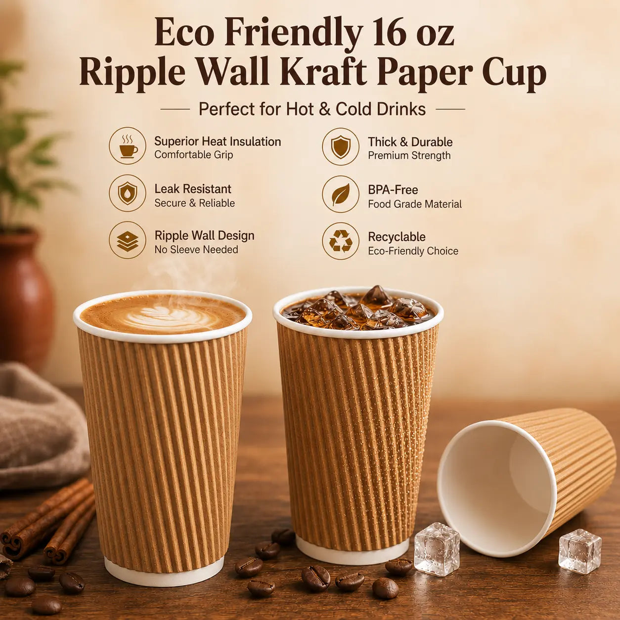 Milieuvriendelijke 16 oz Wegwerp Bruine Ripple Wall Kraft Warme en Koude Drankbeker – 480 ml