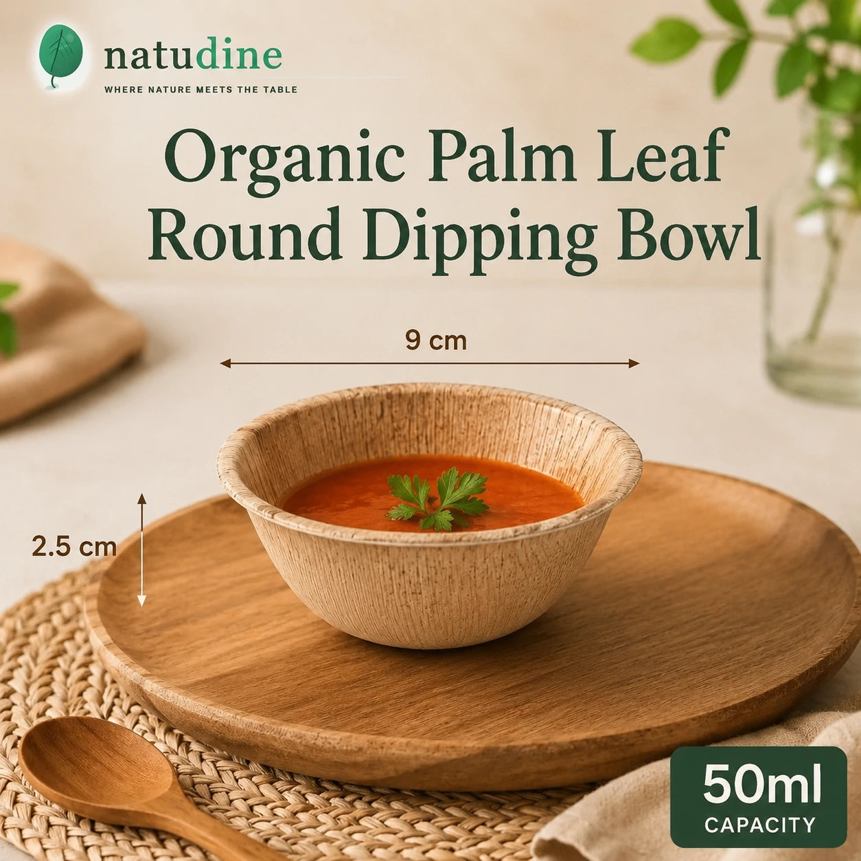 Organic Palm Leaf Round Dipping Bowl – 9 × 9 × 2.5 cm
