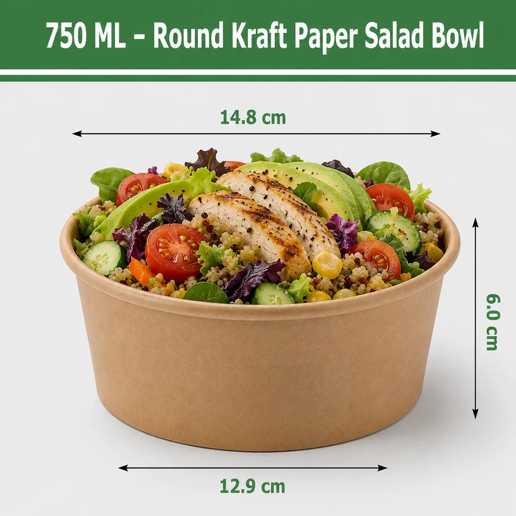 Eco-Friendly 26 oz Disposable Kraft Paper Salad Bowl – 750 ml | 15.0 x 12.8 x 6.0 cm