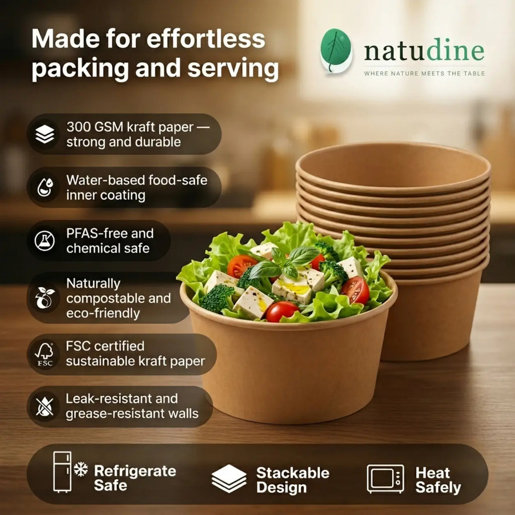 Eco-Friendly 26 oz Disposable Kraft Paper Salad Bowl – 750 ml | 15.0 x 12.8 x 6.0 cm