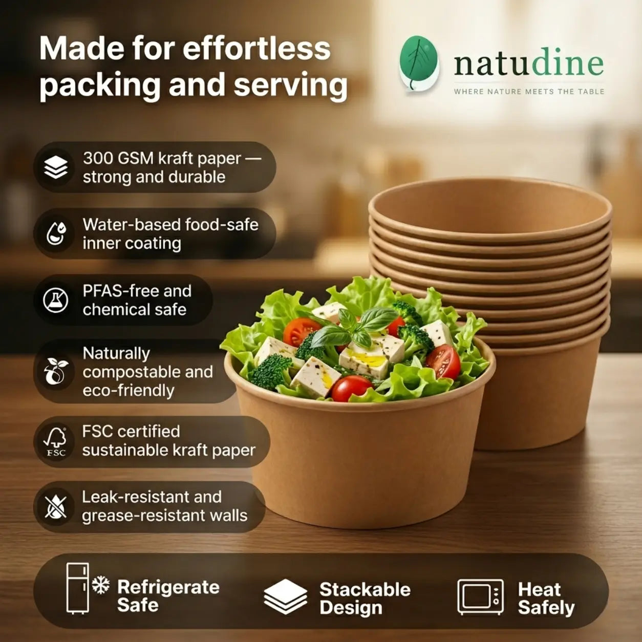 Eco-Friendly 26 oz Disposable Kraft Paper Salad Bowl – 750 ml | 15.0 x 12.8 x 6.0 cm