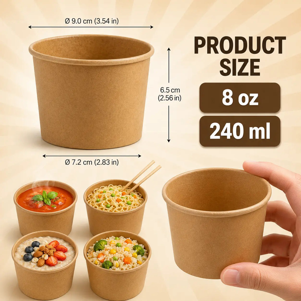 Milieuvriendelijke 8oz Wegwerp Bruine Kraftpapieren Soepbeker – 240ml | 9,0 x 7,2 x 6,5 cm