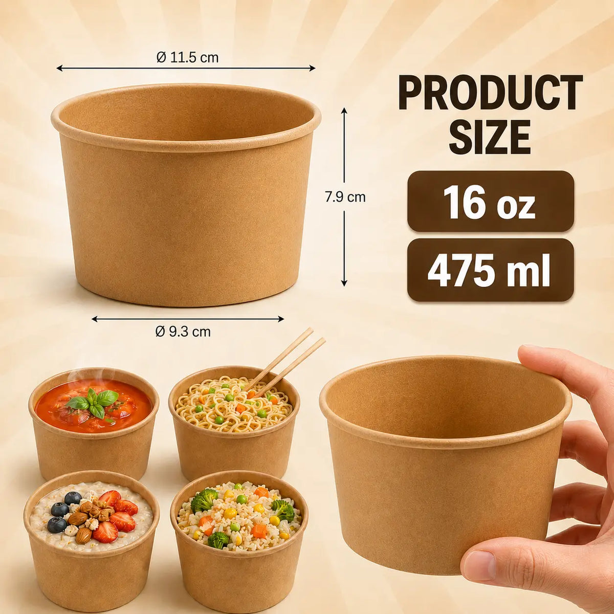 Milieuvriendelijke 16oz Wegwerp Bruine Kraftpapieren Soepbeker – 475ml | 11,5 x 9,3 x 7,9 cm