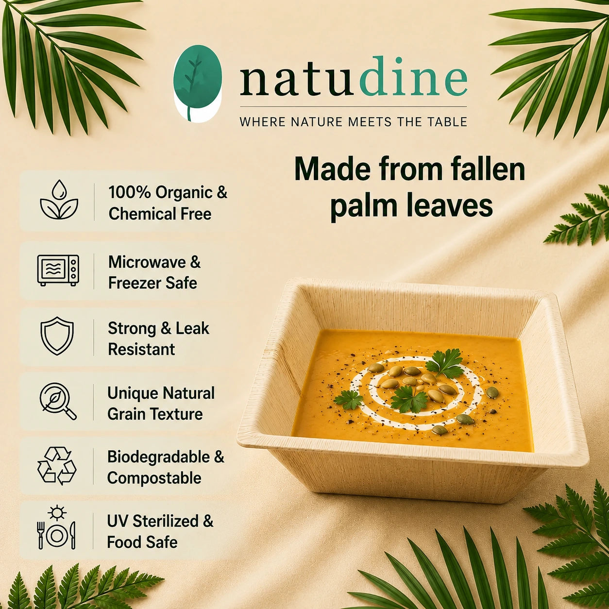 Organic Palm Leaf Square Pyramid Bowl – 18 × 18 × 4 cm