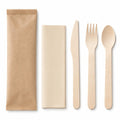 Eco-Friendly Disposable Individually Wrapped Wooden Cutlery Set with Beige Napkin – Knife (16.5 cm), Fork & Spoon (16 cm) & Napkin (33x33 cm) in Kraft Paper Pouch