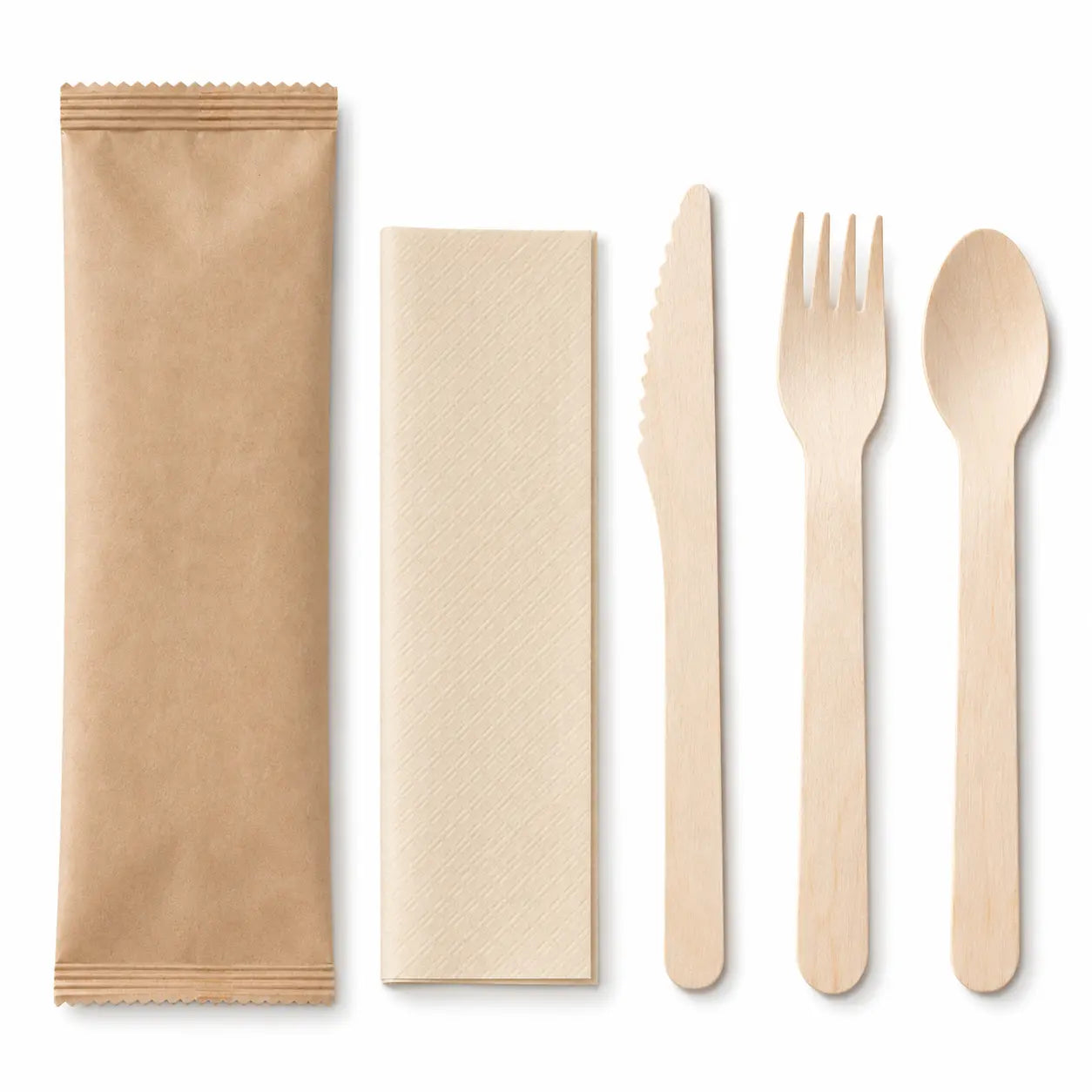 Eco-Friendly Disposable Individually Wrapped Wooden Cutlery Set with Beige Napkin – Knife (16.5 cm), Fork & Spoon (16 cm) & Napkin (33x33 cm) in Kraft Paper Pouch